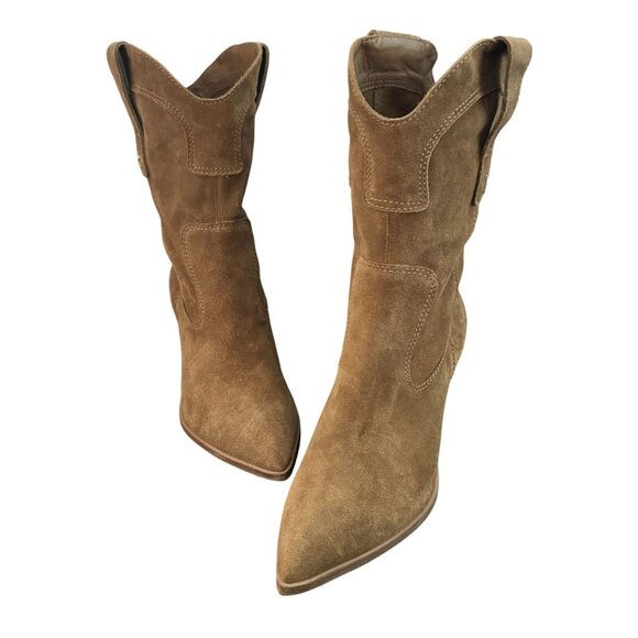 Larroude Thelma Camel Suede Western Heeled Boots Women's Hand Made, Size 7 NWOB - Picture 3 of 9